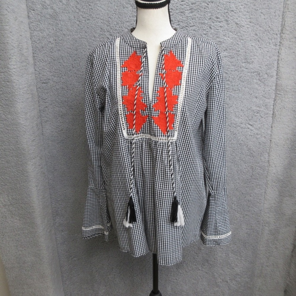 Studio West Gingham Embroidered Blouse Womens L Black Boho Bell Sleeve Prairie